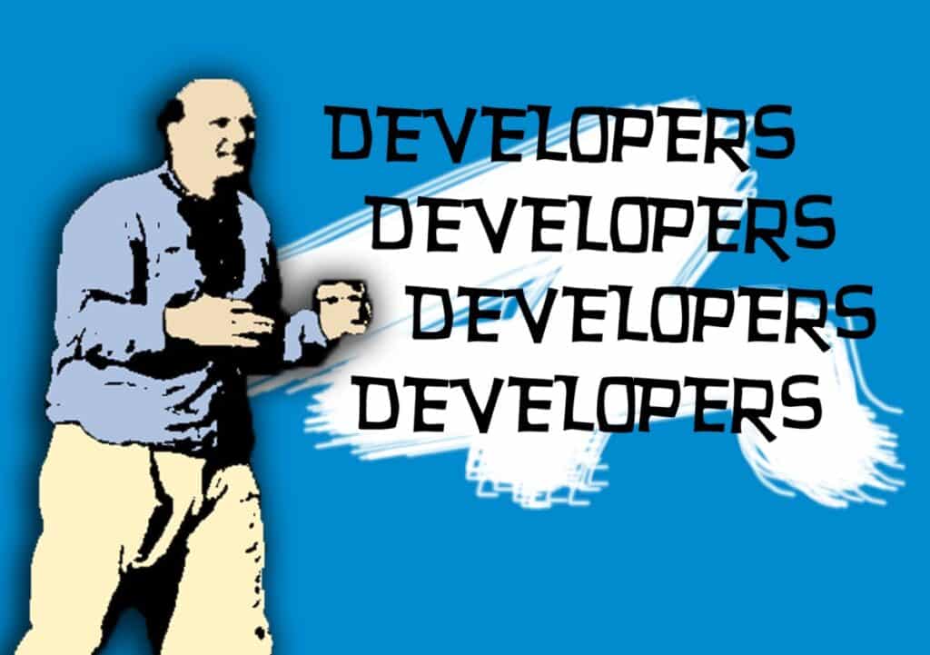 Image with a digital graphic of a man with text next to him that says Developers Developers Developers Developers