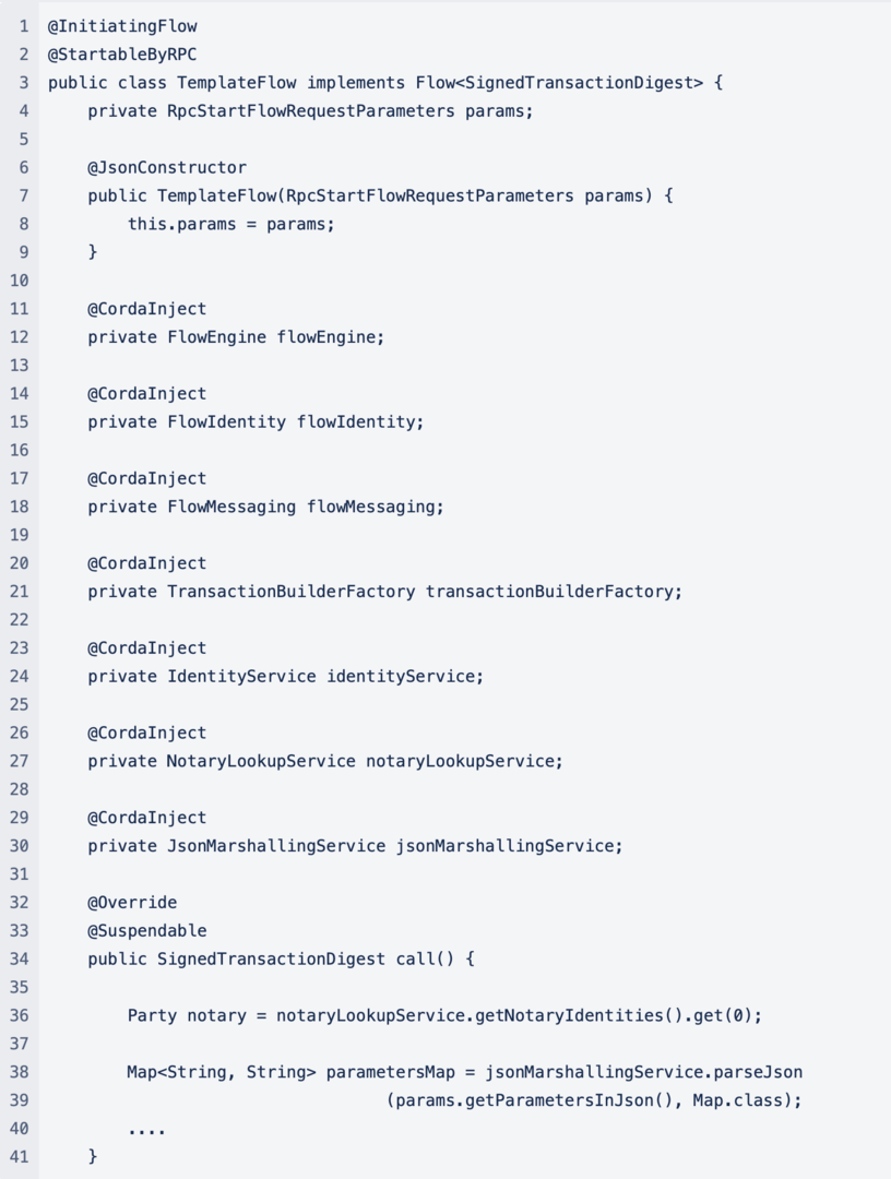 Code showing a typical flow in a Corda 4 to Corda 5